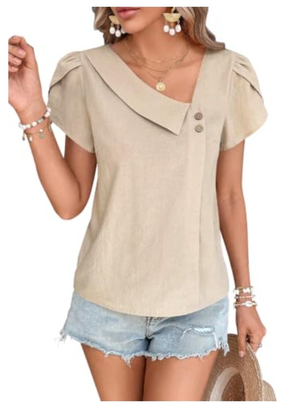 Women's Dressy Casual Blouse Petal Sleeve V Neck Asymmetric Collar Button